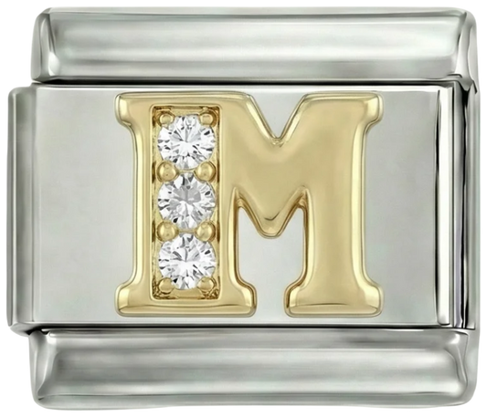 Letter M in Gold with Stones, on Silver - Letter-M-in-gold-with-stones-on-silver.png