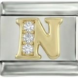 Lettre N en or avec pierres, en argent