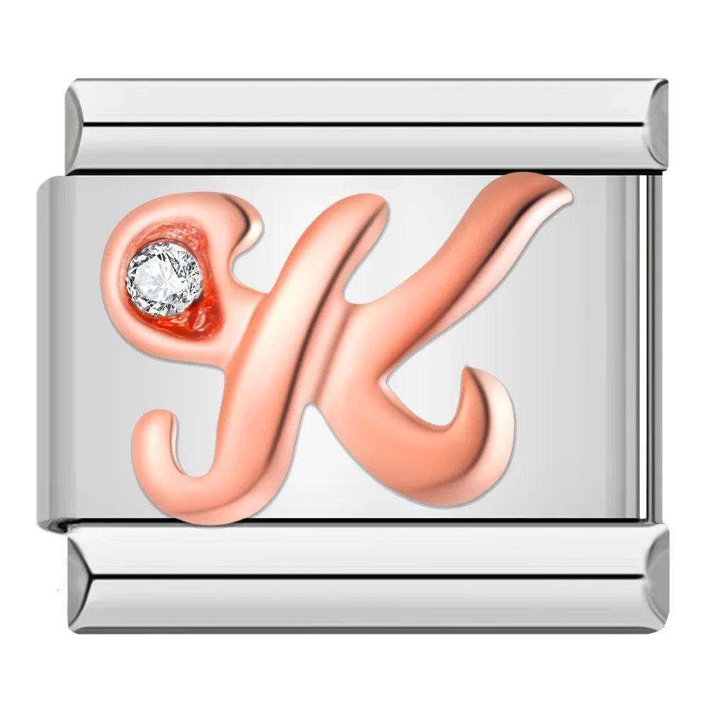 Letter K in Rose Gold with Stones, on Silver - Charms Official